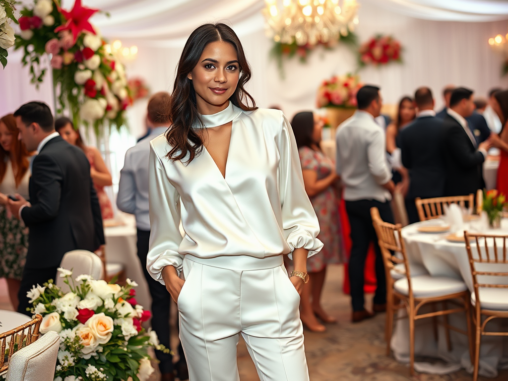 Een vrouw in een witte outfit poseert in een elegante feestsetting met gasten op de achtergrond.