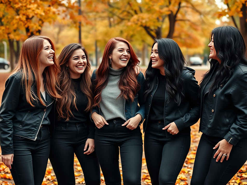 Vijf vrouwen in zwarte kleding lachen samen in een herfstpark vol met kleurrijke bladeren.