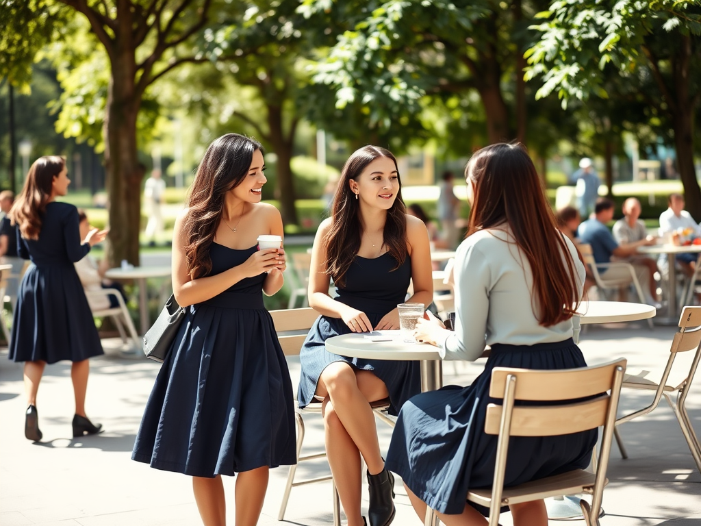 Drie vrouwen in elegante jurken genieten van een gesprek op een terras in een groene omgeving.