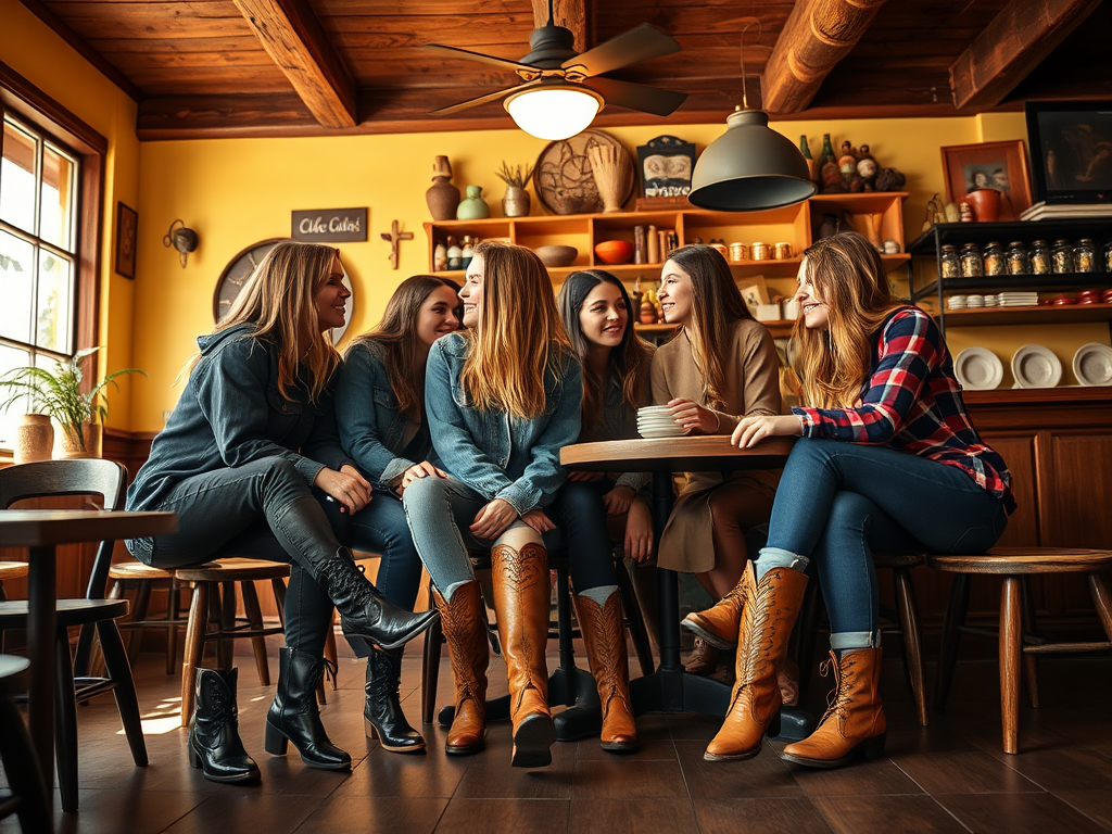 Zes vrouwen in een café, lachen en kletsen terwijl ze in cowboylaarzen zitten. Een warme, gezellige sfeer.