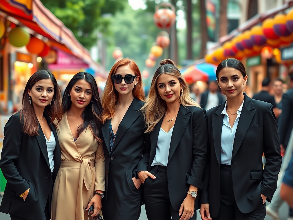 Vijf vrouwen in zwarte pakken poseren samen in een drukke straat met kleurrijke versieringen.