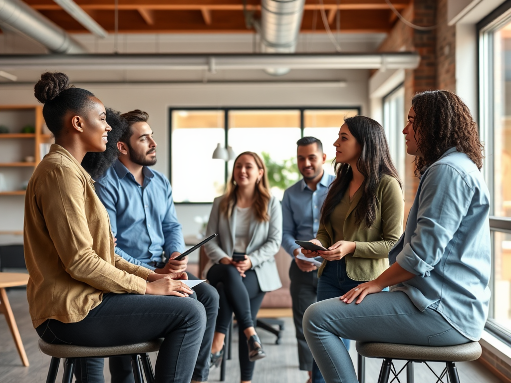 Zes mensen in een vergaderruimte hebben een gesprek terwijl ze op hoge stoelen zitten, met digitale apparaten in hun handen.