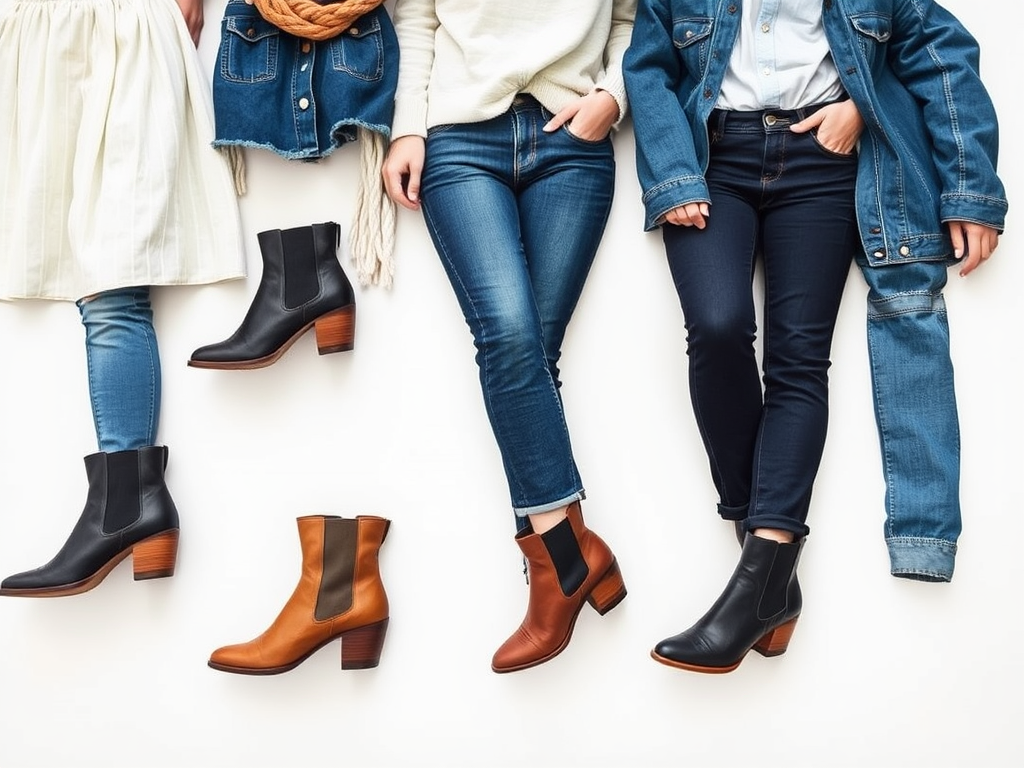 Vrouwelijke voeten in verschillende denimlooks met stijlvolle laarzen in zwart en bruin op een witte achtergrond.