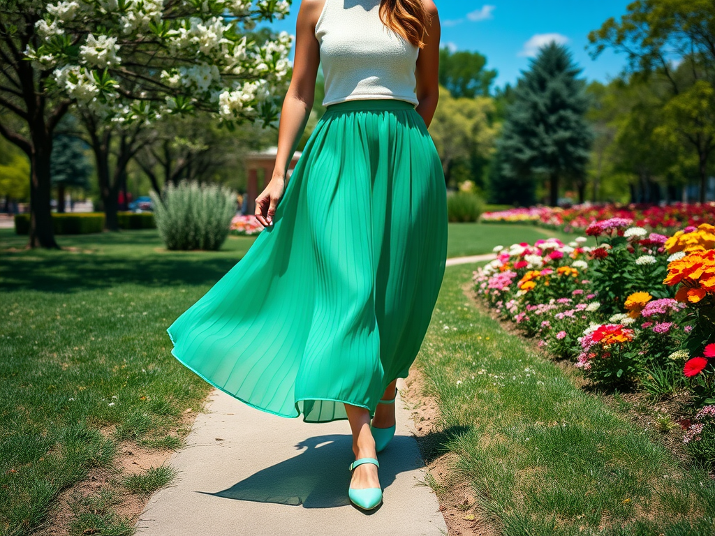 Een vrouw in een groene rok loopt langs een bloemenbed in een park op een zonnige dag.